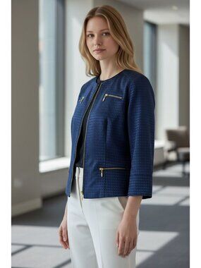 Laura Ashley Navy Blue Textured Chic Jacket Gold Zippers Size M Cotton Blend NEW